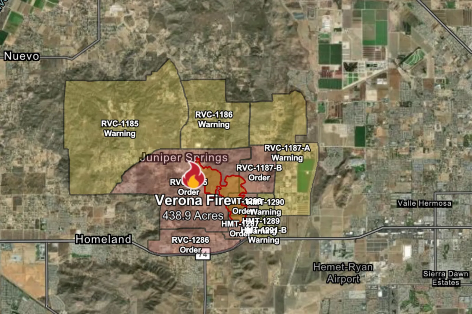 Map showing areas affected by the Verona Fire in Riverside.