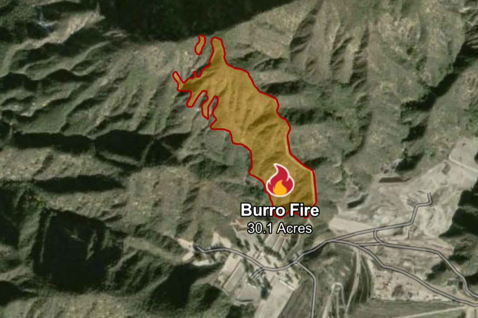 Map showing areas affected by the Burro Fire in Los Angeles County.