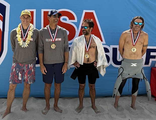 Men's Open Finalists at Salt Creek (L-R): 1st: Greg Wilkinson (DMBC), 2nd: Shayne McIntyre (DMBC), 3rd: Bart Templeman (Ventura), 4th: Ed Sweeney (Ventura). (Photo by Jean Cazares)