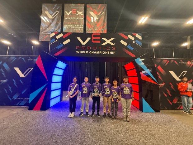 The Chicken Buckets is the first elementary school team from San Diego to qualify for the Vex IQ Robotics World Championship since 2020.(Photo by Maggie Jiang)