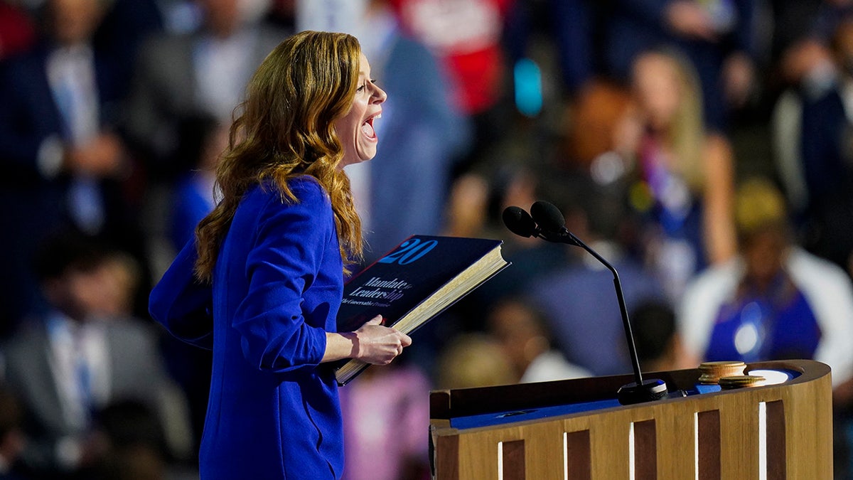 Mallory McMorrow speaking at the Democratic National Convention in Chicago