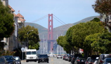A view of the Golden Gate Bridge seen from a city street lined with trees, parked cars, and residential buildings on a clear day.