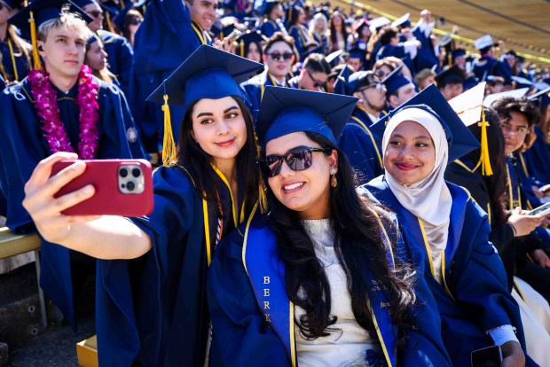 UC Berkeley undergraduate and graduate students of the Class of 2026 celebrate during their commencement ceremony at California Memorial Stadium in Berkeley, Calif., Saturday, May 16, 2026. (Ray Chavez/Bay Area News Group)