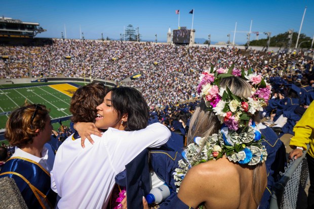 UC Berkeley undergraduate and graduate students of the Class of 2026 celebrate during their commencement ceremony at California Memorial Stadium in Berkeley, Calif., Saturday, May 16, 2026. (Ray Chavez/Bay Area News Group)