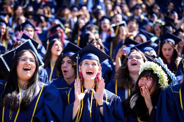 UC Berkeley undergraduate and graduate students of the Class of 2026 celebrate during their commencement ceremony at California Memorial Stadium in Berkeley, Calif., Saturday, May 16, 2026. (Ray Chavez/Bay Area News Group)