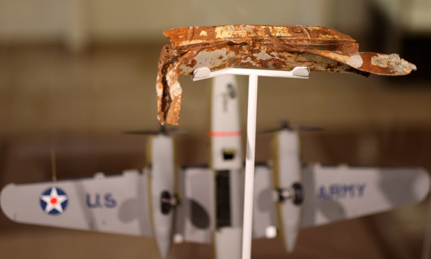 A fragment of a B-25B airplane that crashed in China during the 1942 Doolittle Raid is displayed aboard the USS Hornet Sea, Air and Space Museum on Monday, May 4, 2026, in Alameda, Calif. (Aric Crabb/Bay Area News Group)
