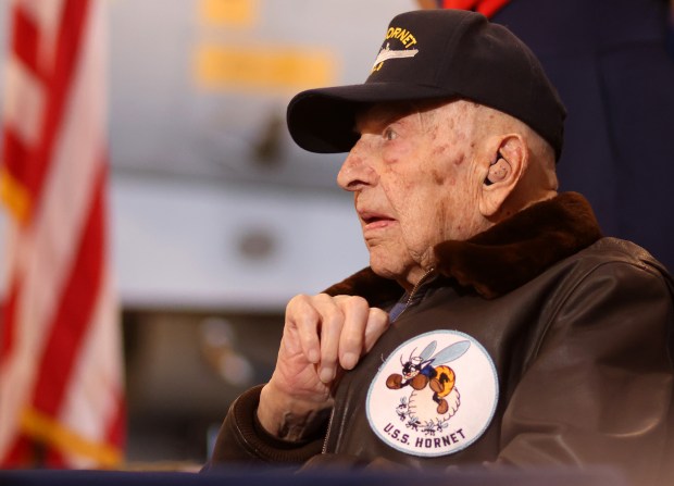 Alfred J. Payne ,102, during his birthday celebration aboard the USS Hornet Sea, Air and Space Museum on Monday, May 4, 2026, in Alameda, Calif. Payne, is the last known survivor of USS Hornet (CV-8) that sank during the Battle of the Santa Cruz Islands in October 1942. (Aric Crabb/Bay Area News Group)