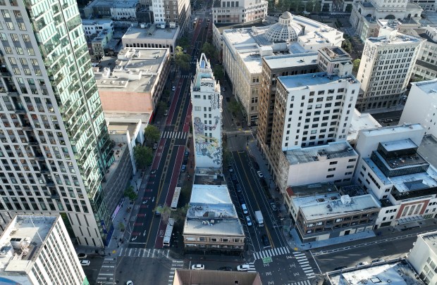 A drone view of the 1914 Cathedral Building in downtown Oakland, Calif., on Tuesday, April 7, 2026. (Jane Tyska/Bay Area News Group)