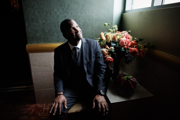 Barack D. Obama Shaw, 56, a local candidate for California governor from Alameda, at the Alameda Theatre & Cineplex, where he hosts the "Alameda's Got Talent" show every week, on May 5, 2026. (Dai Sugano/Bay Area News Group)
