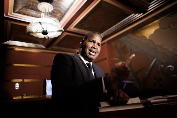 Barack D. Obama Shaw, 56, a local candidate for California governor from Alameda, talks during an interview at the Alameda Theatre & Cineplex, where he hosts the "Alameda's Got Talent" show every week, on May 5, 2026. (Dai Sugano/Bay Area News Group)