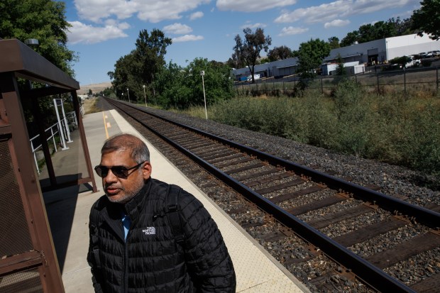 Sohan Nayabu, of Mountain House, talks about his daily 2-hour commute to Santa Clara during an interview at the Vasco Road ACE station in Livermore, Calif., Tuesday, April 28, 2026. (Dai Sugano/Bay Area News Group)