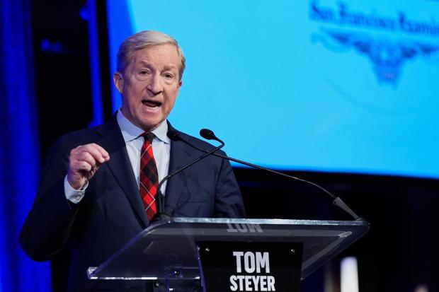 Tom Steyer speaks during a California gubernatorial debate in San Francisco, Thursday, May 14, 2026. (AP Photo/Godofredo A. Vásquez, Pool)