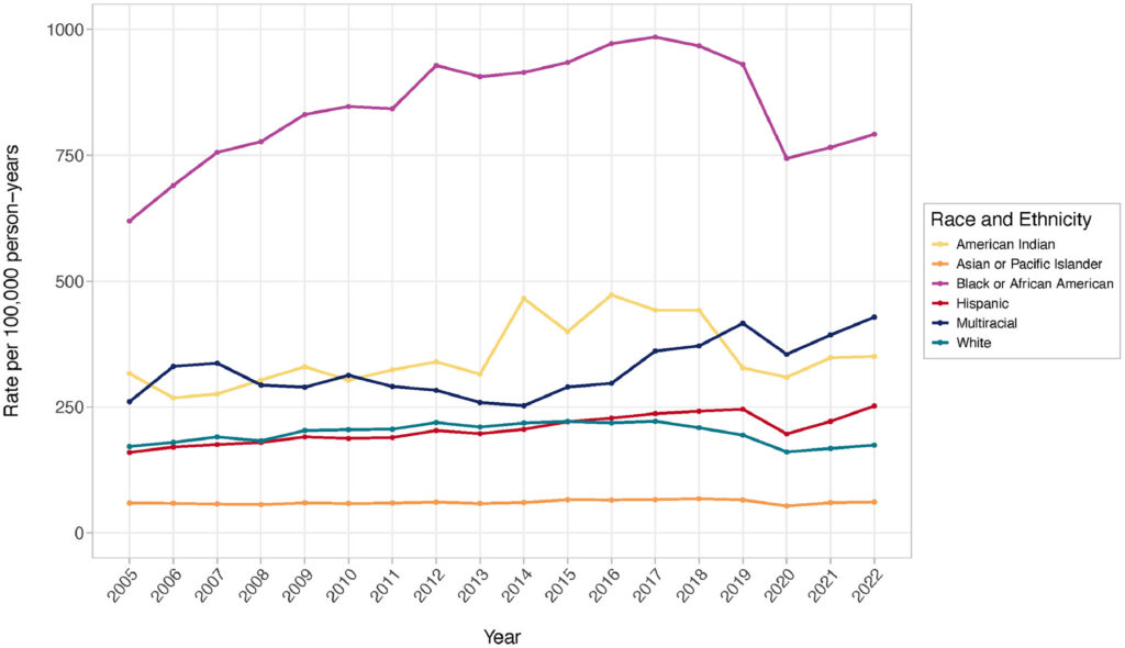 A graph showing annual age-adjusted assault injuries, by year. A line high above the others on the y-axis represents violence against Black women, which is markedly higher than the lines representing other racial and ethnic groups. The figure shows how disparities persist and rates of violence against women have remained largely unchanged for nearly 20 years.