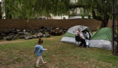 Lilly Lopez, 3, walked toward her father at a shelter at the Elks Lodge in Garden Grove, Calif., Tuesday, May 26, 2026, set up for those who were living near a damaged hazardous chemical tank.