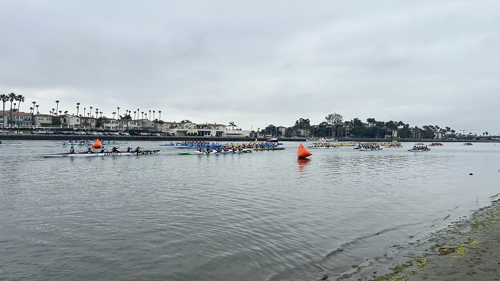 Outrigger canoes leave Marine Stadium and head for the start...