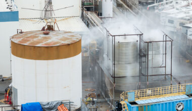 Water is sprayed on a damaged tank at GKN Aerospace in Garden Grove, Calif., on Sunday, May 24, 2026, after the tank containing a chemical used to make plastic parts overheated Thursday. (AP Photo/Ethan Swope)