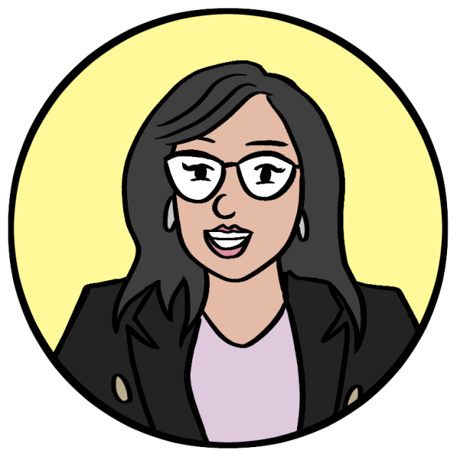 Cartoon illustration of a woman with long dark hair, glasses, and earrings, wearing a black blazer and light shirt, set against a yellow circular background.
