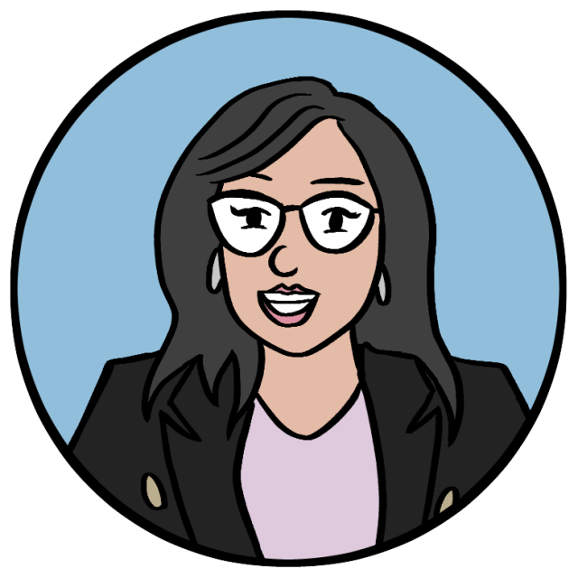 Illustration of a woman with long dark hair, glasses, and earrings, wearing a black blazer and light purple top, shown inside a blue circular frame.