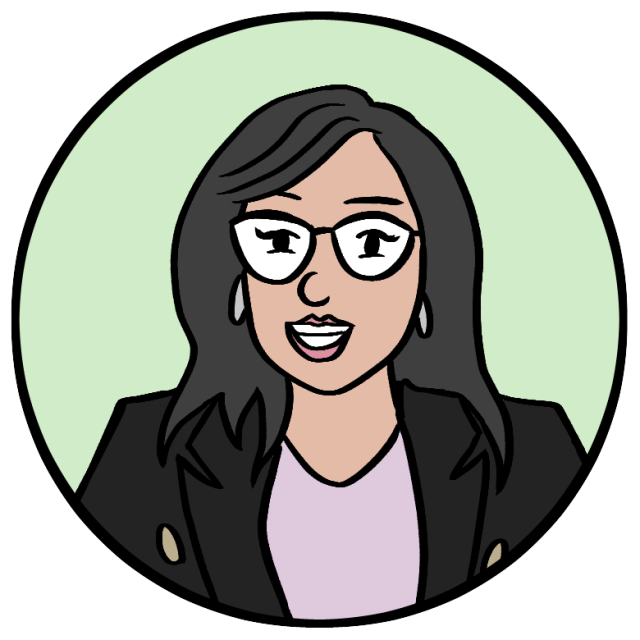 Illustration of a woman with long dark hair, glasses, and hoop earrings, wearing a black blazer over a light shirt, set against a light green circular background.