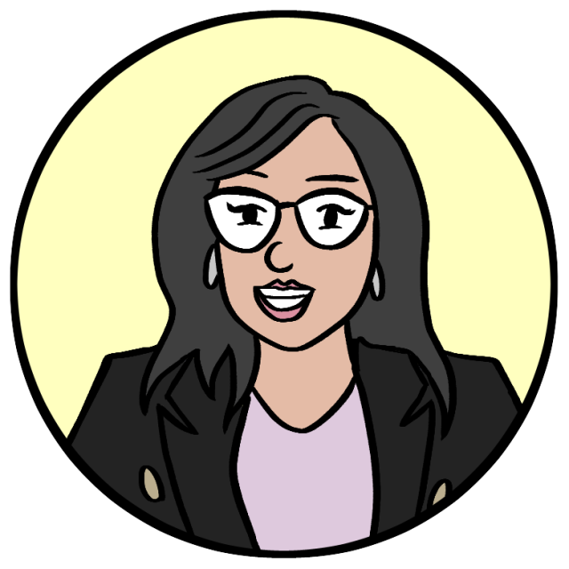Cartoon illustration of a woman with long dark hair, glasses, and earrings, wearing a blazer over a light-colored top, set against a yellow circular background.