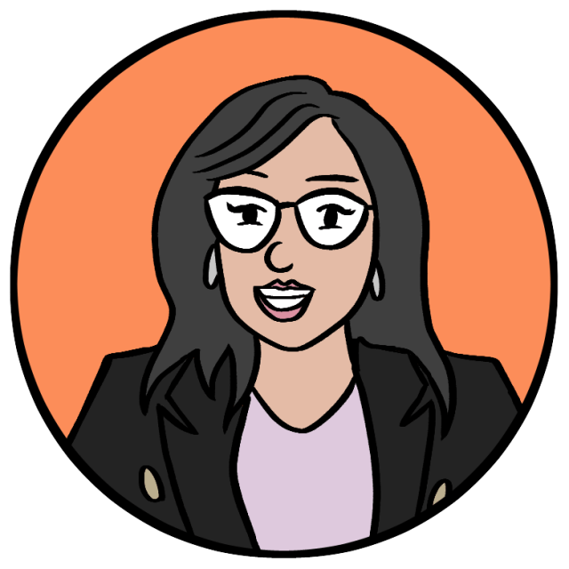 Illustration of a woman with long dark hair, glasses, and earrings, wearing a black blazer and light top, shown in a circular orange background.