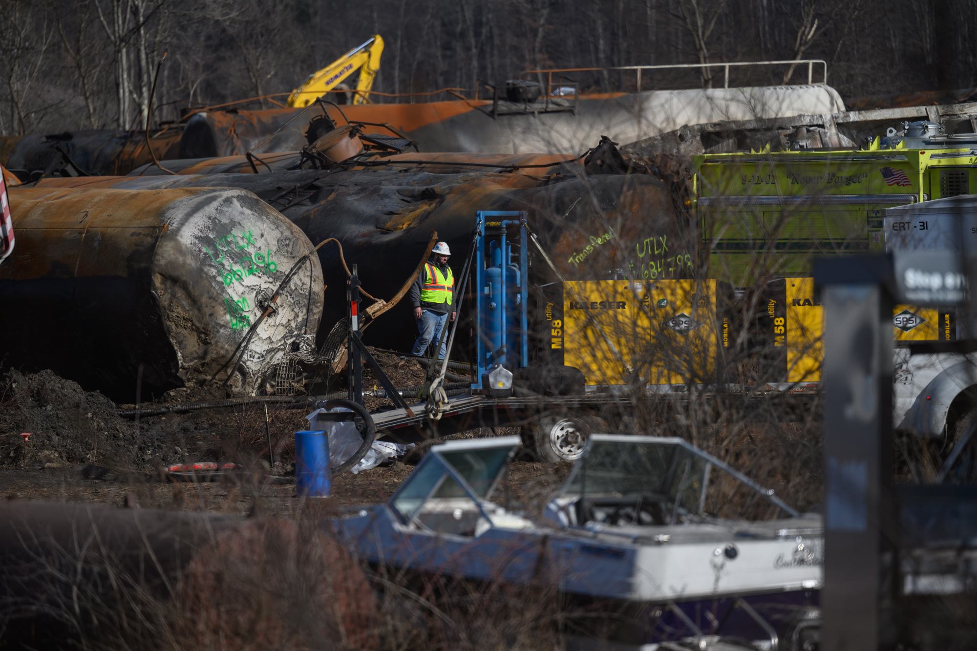 The site of the train derailment in East Palestine, Ohio, on Feb. 14, 2023. Credit: Rebecca Kiger/The Washington Post via Getty Images