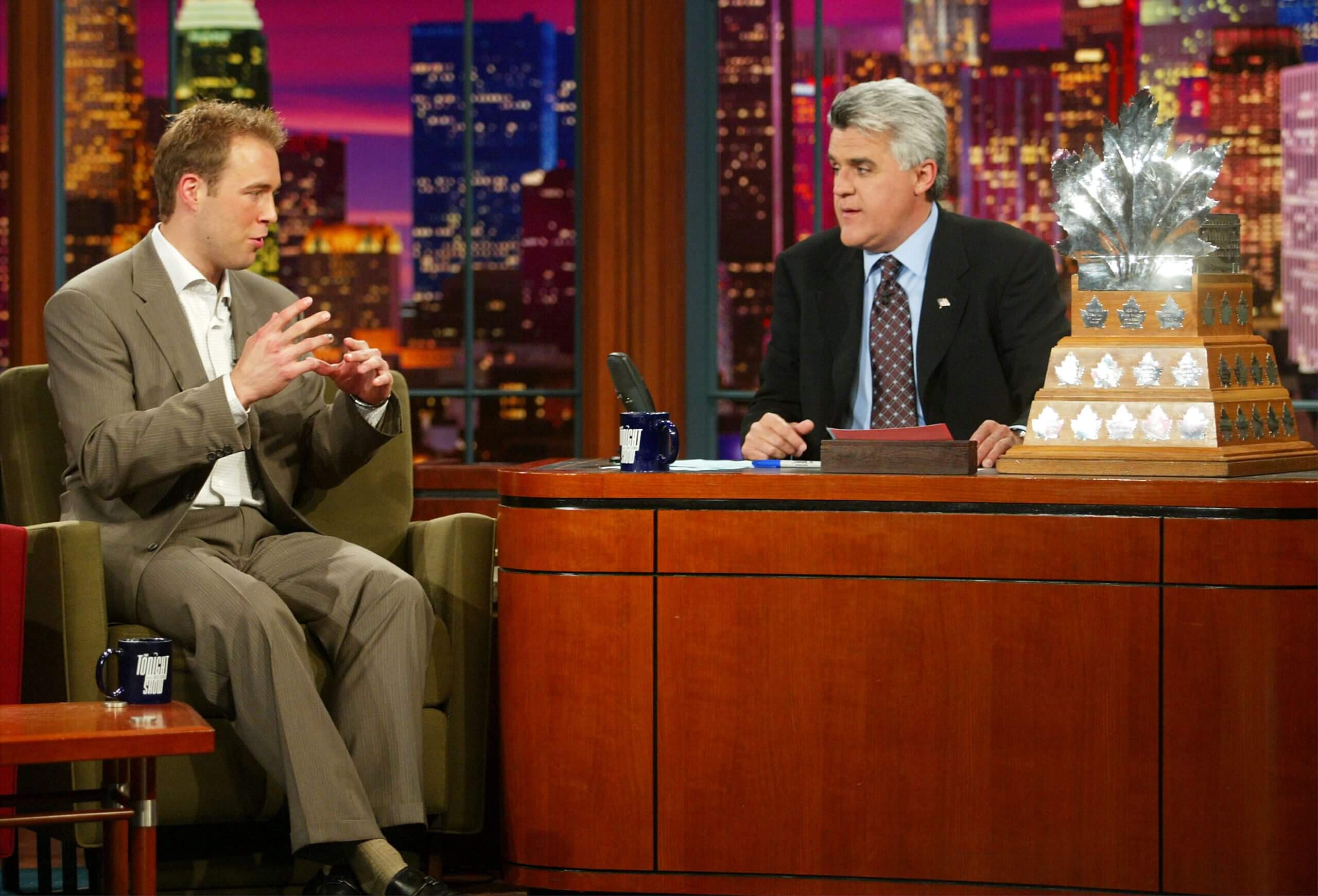 An archival photo of then-Ducks goalie Jean-Sebastian Giguère on the set of "The Tonight Show with Jay Leno" in 2003.