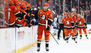 ANAHEIM, CALIFORNIA - MARCH 30: Leo Carlsson #91 of the Anaheim Ducks celebrates his goal with teammates during the first period against the Toronto Maple Leafs at Honda Center on March 30, 2026 in Anaheim, California. (Photo by Ric Tapia/Getty Images)