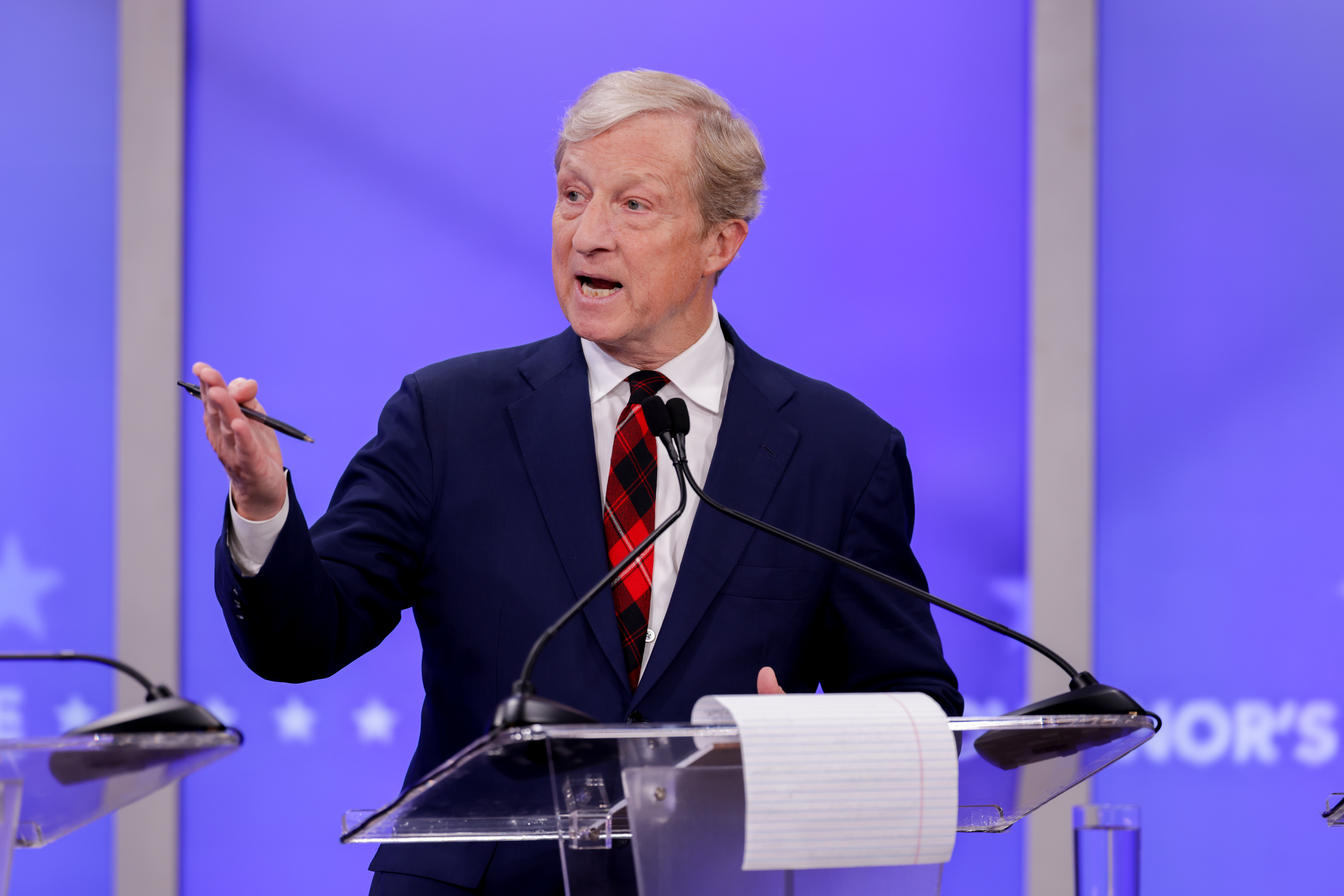 Tom Steyer, Democratic gubernatorial candidate for California, speaks during a gubernatorial debate at KRON Studios in San Francisco, California, US, on Wednesday, April 22, 2026.