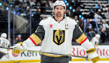 SALT LAKE CITY, UTAH - APRIL 27: Mark Stone #61 of the Vegas Golden Knights looks on from the ice during warm-ups prior to Game Four of the First Round of the 2026 Stanley Cup Playoffs against the Utah Mammoth at Delta Center on April 27, 2026 in Salt Lake City, Utah. (Photo by Eli Rehmer/NHLI via Getty Images)