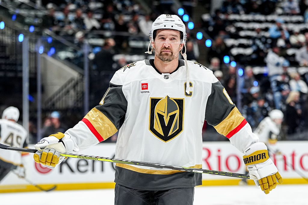 SALT LAKE CITY, UTAH - APRIL 27: Mark Stone #61 of the Vegas Golden Knights looks on from the ice during warm-ups prior to Game Four of the First Round of the 2026 Stanley Cup Playoffs against the Utah Mammoth at Delta Center on April 27, 2026 in Salt Lake City, Utah. (Photo by Eli Rehmer/NHLI via Getty Images)
