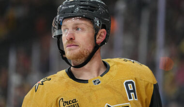 LAS VEGAS, NEVADA - MAY 12: Jack Eichel #9 of the Vegas Golden Knights looks on during the first period against the Anaheim Ducks in Game Five of the Second Round of the 2026 Stanley Cup Playoffs at T-Mobile Arena on May 12, 2026 in Las Vegas, Nevada. (Photo by Jeff Bottari/NHLI via Getty Images)
