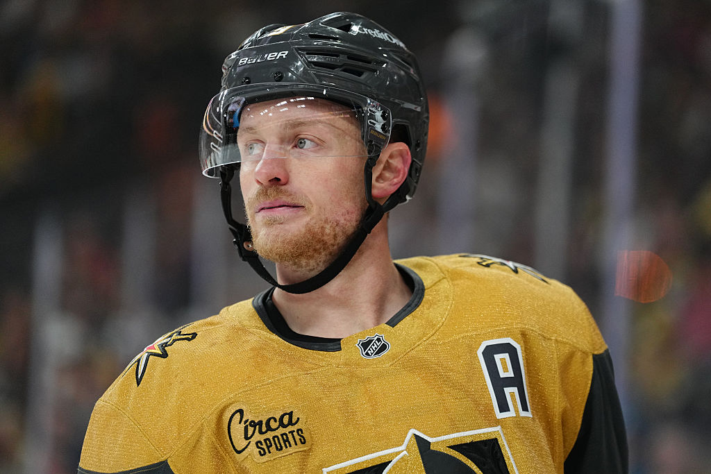 LAS VEGAS, NEVADA - MAY 12: Jack Eichel #9 of the Vegas Golden Knights looks on during the first period against the Anaheim Ducks in Game Five of the Second Round of the 2026 Stanley Cup Playoffs at T-Mobile Arena on May 12, 2026 in Las Vegas, Nevada. (Photo by Jeff Bottari/NHLI via Getty Images)