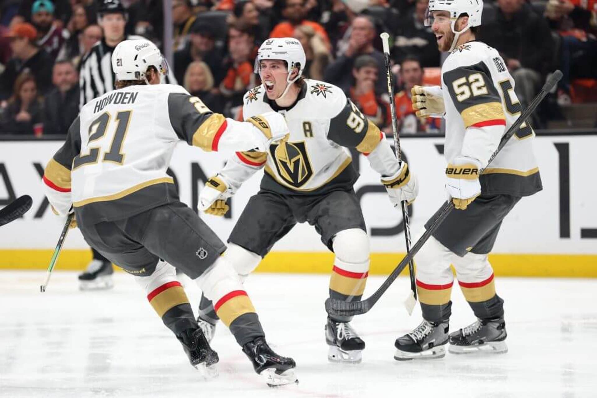 Mitch Marner of the Vegas Golden Knights celebrates with teammates after scoring a first-period goal against the Anaheim Ducks in Game 6.