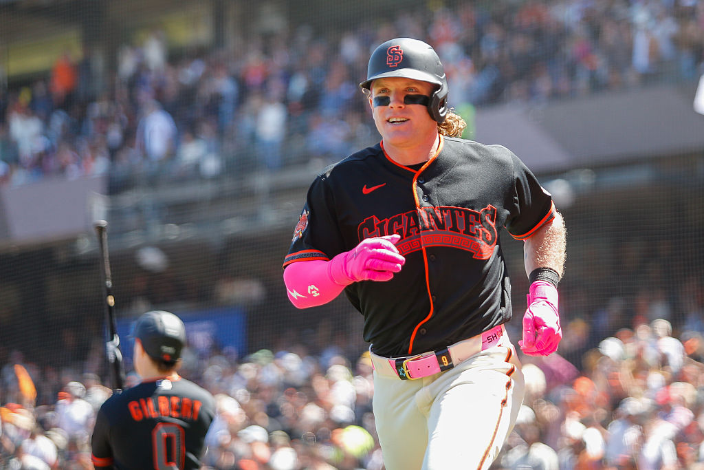 SAN FRANCISCO, CA - MAY 23: A happy San Francisco Giants OF Harrison Bader (9) heads to the dugout after his grand slam in the game between the Chicago White Sox and San Francisco Giants on May 23, 2026 at Oracle Park in San Francisco, CA. (Photo by Larry Placido/Icon Sportswire via Getty Images)