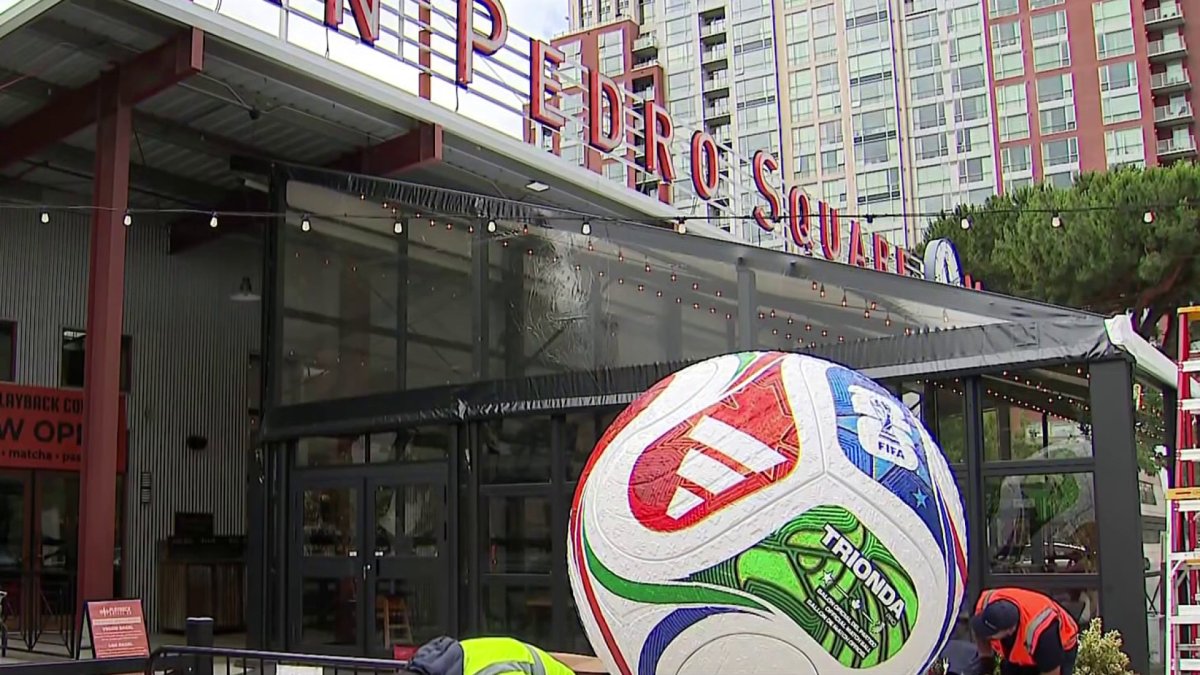 Giant World Cup soccer ball takes shape at San Pedro Square – NBC Bay Area