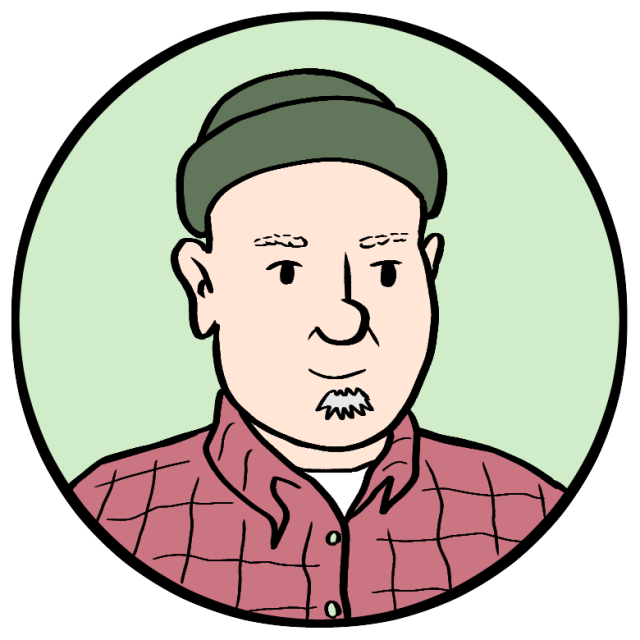 Cartoon illustration of a person wearing a green beanie and red plaid shirt, with a light green background inside a circular frame.