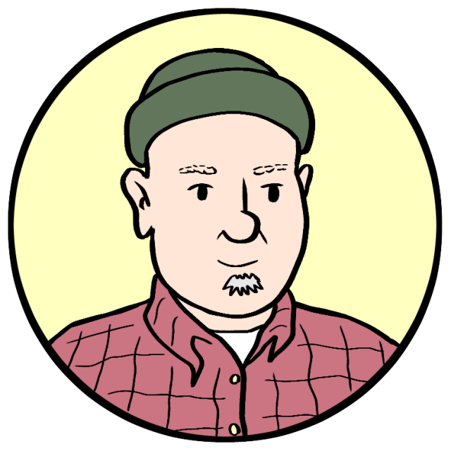 Cartoon illustration of a man wearing a green beanie and a red plaid shirt, shown from the shoulders up, with a neutral facial expression.