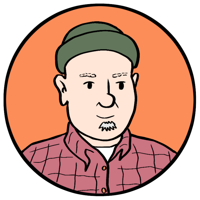 Cartoon illustration of a person wearing a green beanie and a red plaid shirt, shown inside an orange circle background.