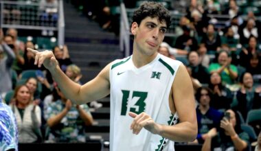 Hawaii setter Tread Rosenthal flashed shakas during a ring ceremony for UH's 2025 Big West championship after a match against NJIT at the Stan Sheriff Center on Jan. 4.
