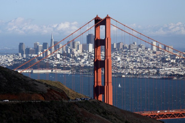 The Golden Gate Bridge and San Francisco skyline from the Marin Headlands above Sausalito are shown in 2015. (AP Photo/Eric Risberg, File)