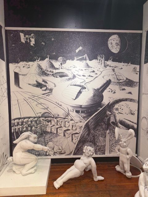 Galactic Nature space landscape artwork with sculptures and lunar-style environment installation