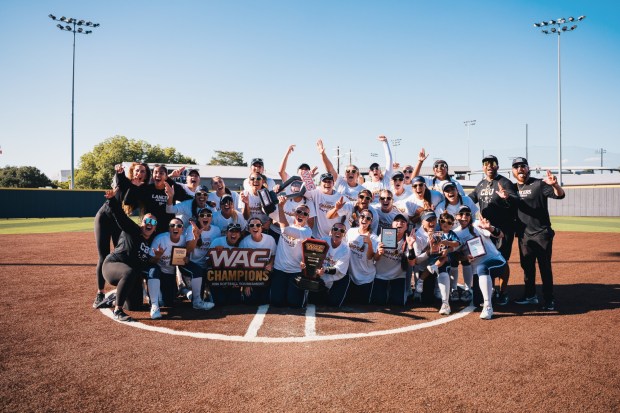 The California Baptist University softball team won the WAC Tournament and secured the program's first Division I tournament bid. (Courtesy of Matthew Horrocks, CBU Athletics)