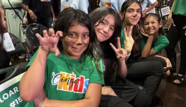 Fifth-grade students and staff from Loara Elementary School in the Anaheim Elementary School District pose for a photo during the 2026 Conga Kids Dance Championship at The Novo at L.A. Live in Los Angeles on May 7.
