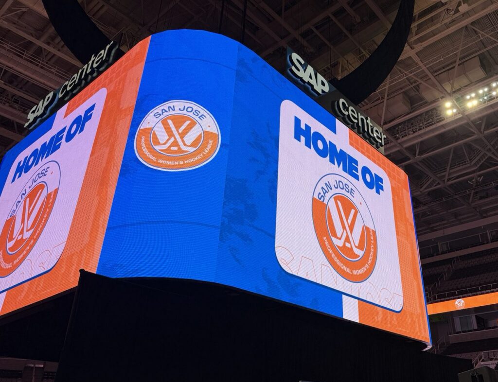 A marque sign at the SAP Center.
