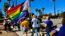 Members of the Santee United Methodist Church joined friends and allies walking along Mission Gorge Rd, Saturday, Santee, Calif., May 30, 2026.