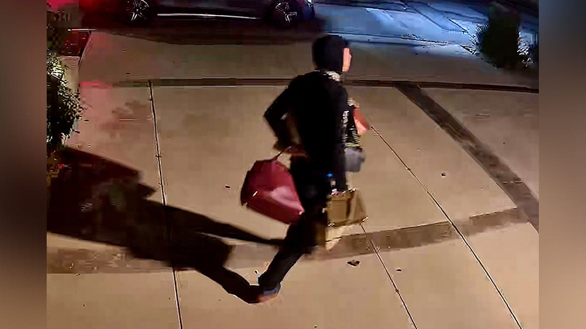 Surveillance image showing a person carrying bags while walking through a residential driveway at night.