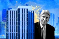 UCLA chancellor Julio Frenk with a rendering of 901 Levering Avenue (UCLA, Mithun)