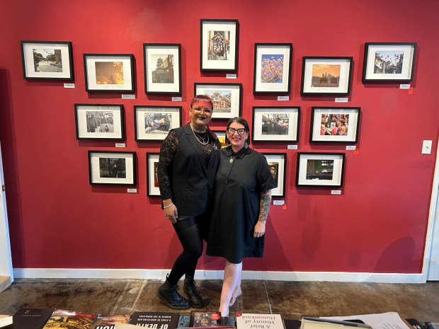(L-R) Artist and exhibit co-curator Sophia Cervantes and Homeboy Art Academy's Randi Rivera at "Visualizing the Future" at North Figueroa Bookshop on May 9, 2026. (Photo by Erik Pedersen/SCNG)