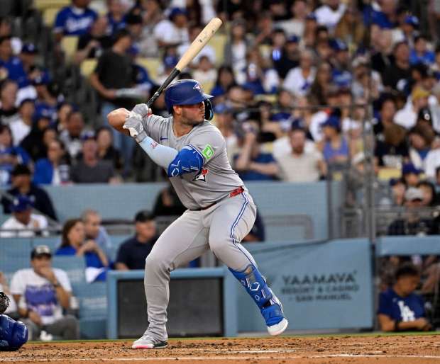 Ty France #2 of the Toronto Blue Jays hits against the Los Angeles Dodgers in the second inning during a baseball game at Dodger Stadium in Los Angeles on Friday, Aug. 8, 2025. (Photo by Keith Birmingham, Pasadena Star-News/ SCNG)
